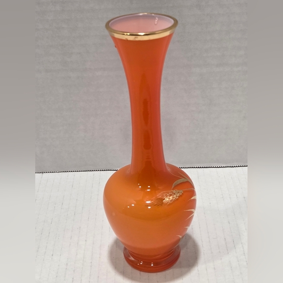 Vintage Orange Glass Bud Vase Gold Wheat Design - Picture 2 of 8